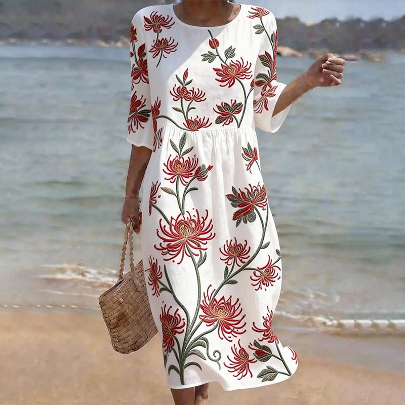 Cardydony Vintage Floral Art Pattern Linen Blend Loose Three-quarter Sleeve Dress