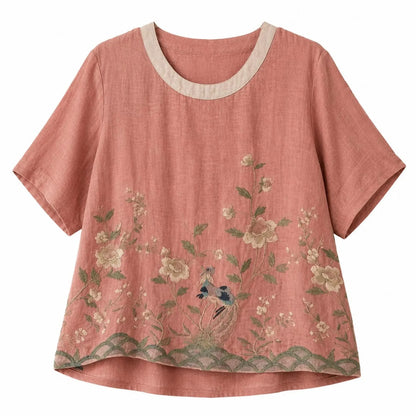 Cardydony Women's Summer Floral In Macarons Colorful Art Linen Blend Short Sleeve Tops