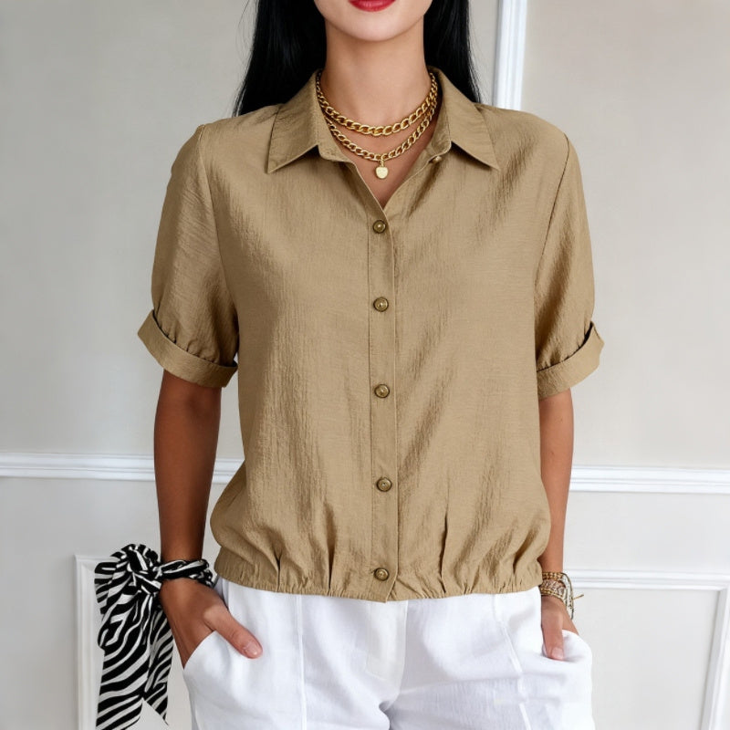 Cardydony Women's Solid Color Button Blend Loose Short Sleeve Shirt
