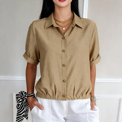 Cardydony Women's Solid Color Button Blend Loose Short Sleeve Shirt