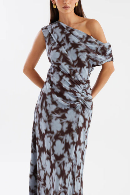 Cardydony Women's Unique Print Asymmetrical Off-Shoulder Pleated Waist Casual Maxi Dress