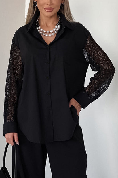 Cardydony Women's  Fashionable Openwork Lace Patchwork Long-sleeved Loose Shirt