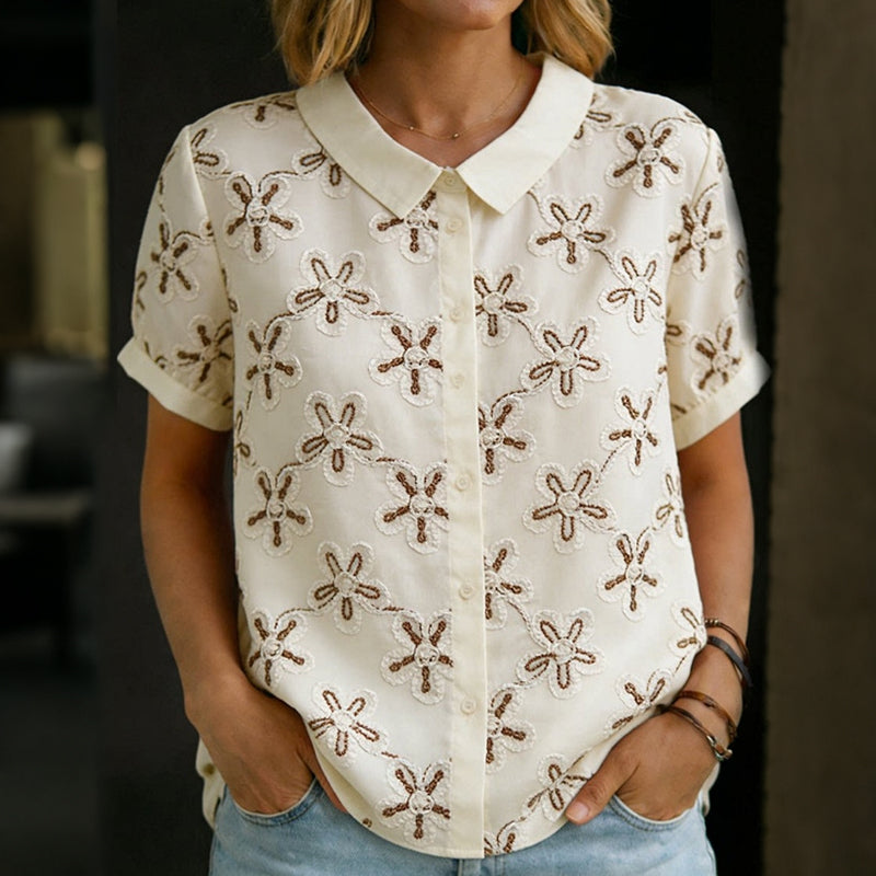 Cardydony 3d Embroidery Printed Short Sleeve Cotton Shirt
