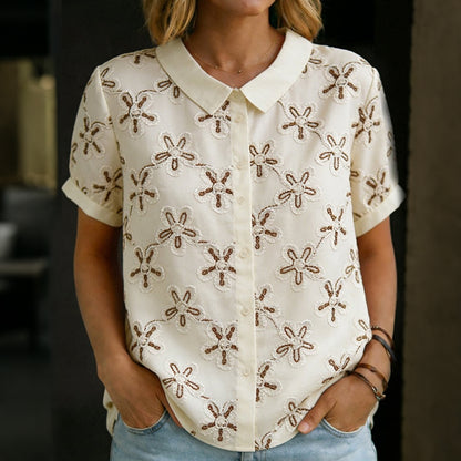 Cardydony 3d Embroidery Printed Short Sleeve Cotton Shirt