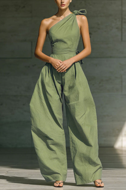 Cardydony Women's Solid Color Sleeveless One-shoulder Fitted Waist Casual Pocket Loose Wide-leg Jumpsuit