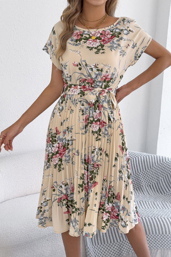 Cardydony Women's Floral Print Round Neck Fitted Waist Tie Pleated Midi Dress