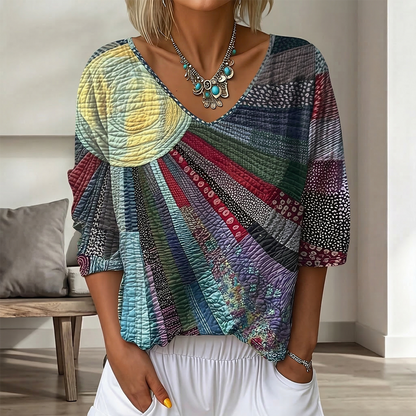 Cardydony Women's Vintage Floral In Gradient Art Print Flowy Linen Blend Three-quarter Sleeve V Neck Linen Tops