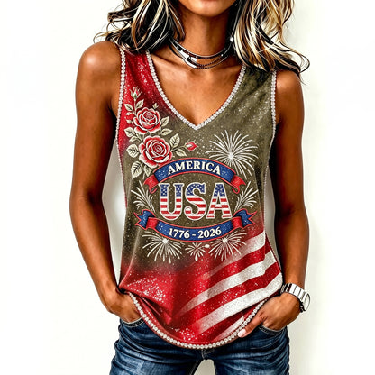 Cardydony Women's Vintage Anniversary Flag Flower Art Print V Neck Casual Tank Top