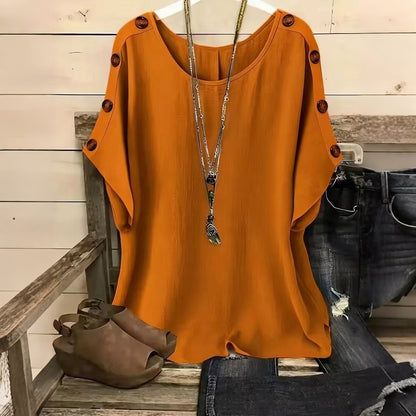 Cardydony Women's Solid Color Round Neck Loose Button Design T-shirt