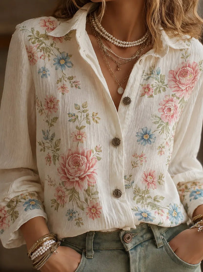 Cardydony Women's Retro Bohemian Floral Pattern Casual Linen Shirt