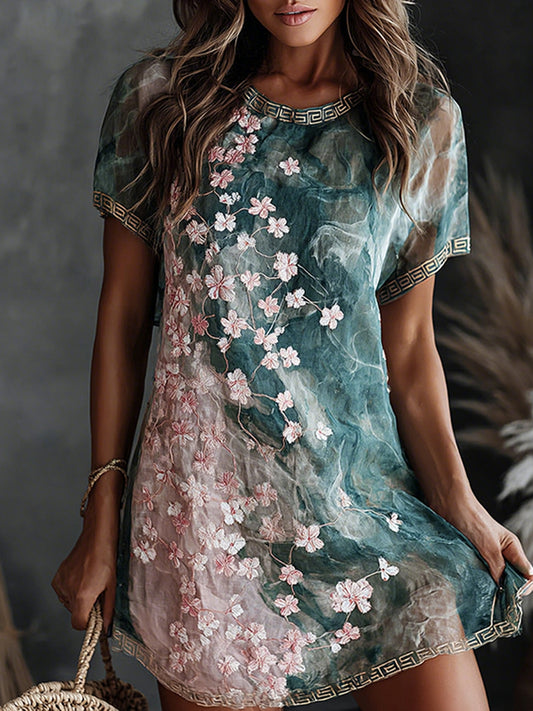 Cardydony Vintage Cherry Blossoms And Marble Pattern Flowy Linen Blend Midi Dress