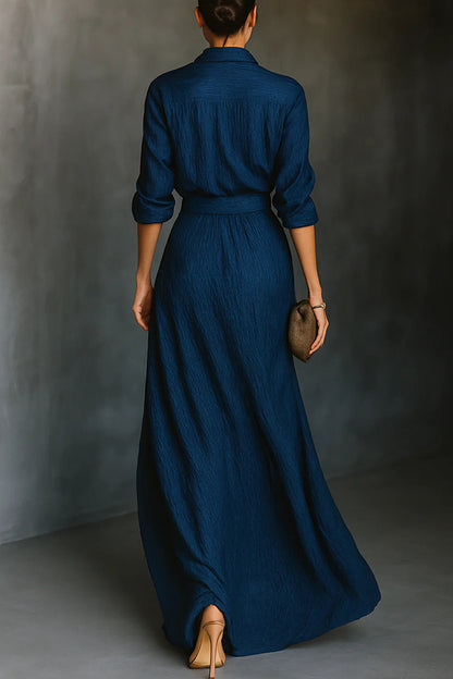 Cardydony Women's Solid Color Loose-fitting Collared Long-sleeved Shirt and Elegant Pleated Maxi Skirt Set
