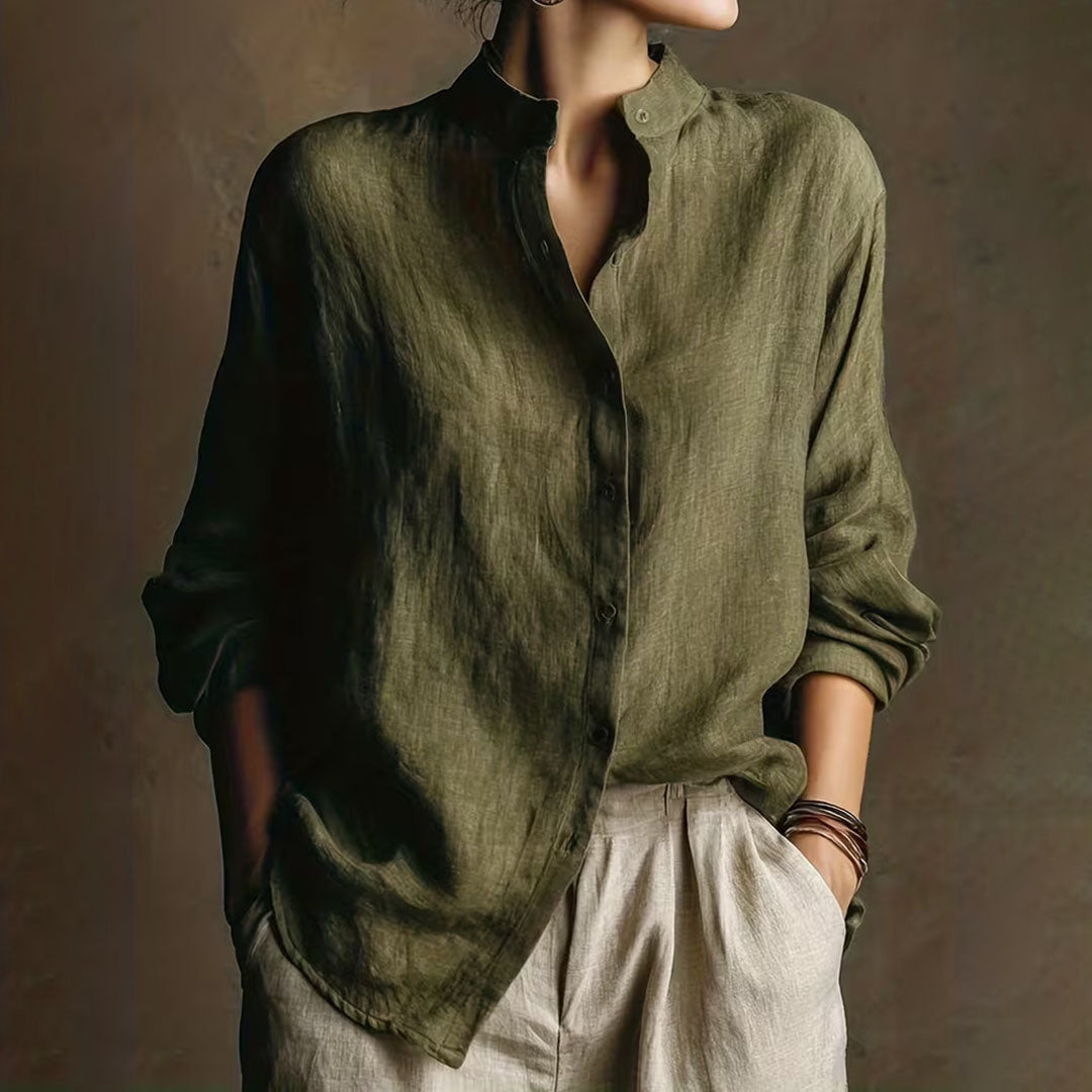 Cardydony Vintage Loose Cotton Linen Stand Collar Long Sleeved Shirt