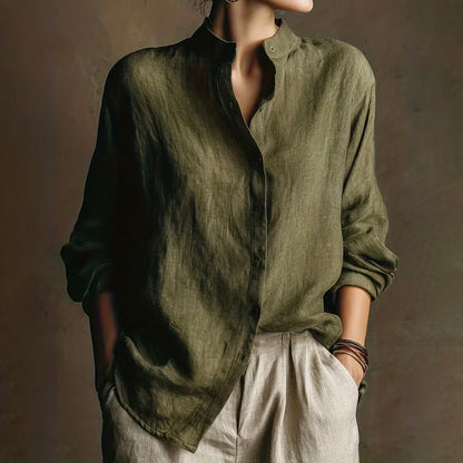 Cardydony Vintage Loose Cotton Linen Stand Collar Long Sleeved Shirt