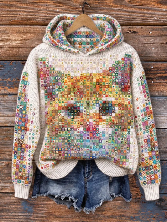 Cardydony Women's Vintage Geometric Cat Art Jacquard Casual Warm Hooded Sweater