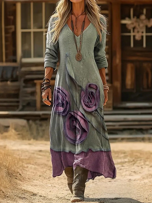Cardydony Vintage Floral Art Pattern Linen Blend V-neck Loose Long Sleeve Midi Dress