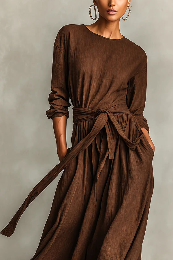 Cardydony Women's Linen Blend Round Neck Long Sleeve Waist Tie Casual Pocket Maxi Dress