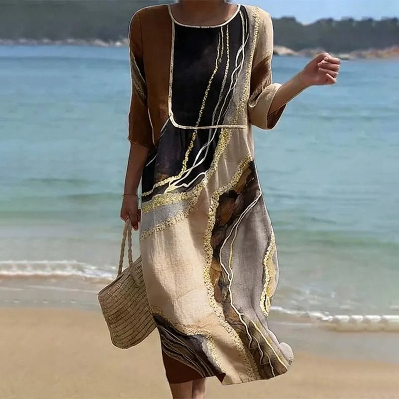 Cardydony Vintage Marble Pattern Art Pattern Linen Blend Loose Three-quarter Sleeve Dress