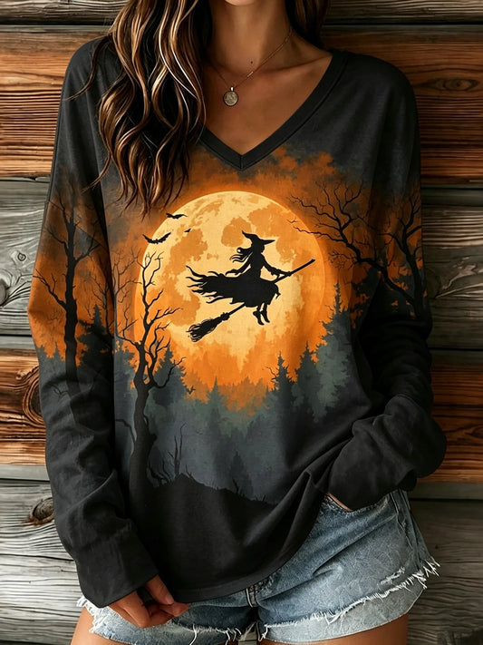 Cardydony Women's Halloween Broom Print V-neck Long-sleeved T-shirt