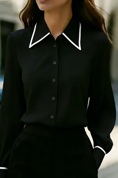 Cardydony Women's Stylish Color-blocked Collared Long-sleeved Casual Button-down Shirt