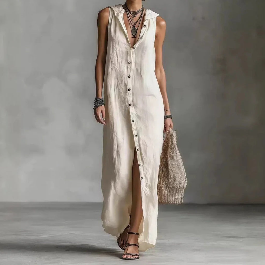Cardydony Women's Solid Color Button Linen Blend Comfy Maxi Dress