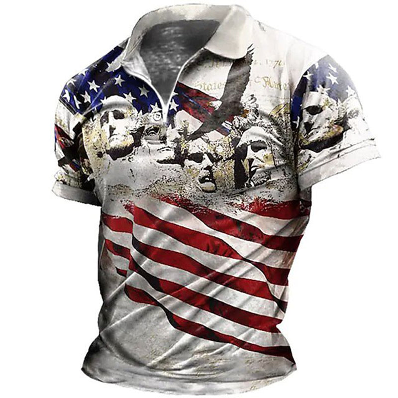 Cardydony Men's American Flag Veterans Print Zipper Up Polo Shirt