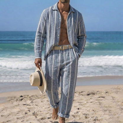 Cardydony Linen Simple Striped Shirt And Trousers Vacation Set