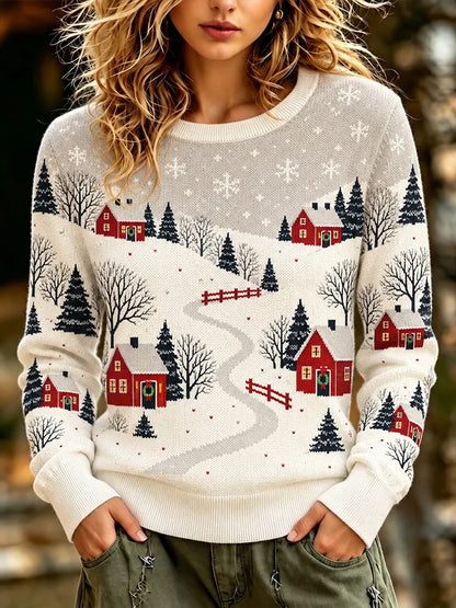 Cardydony Women's Christmas Cream White Snowy Red Cabin Village Landscape Sweater