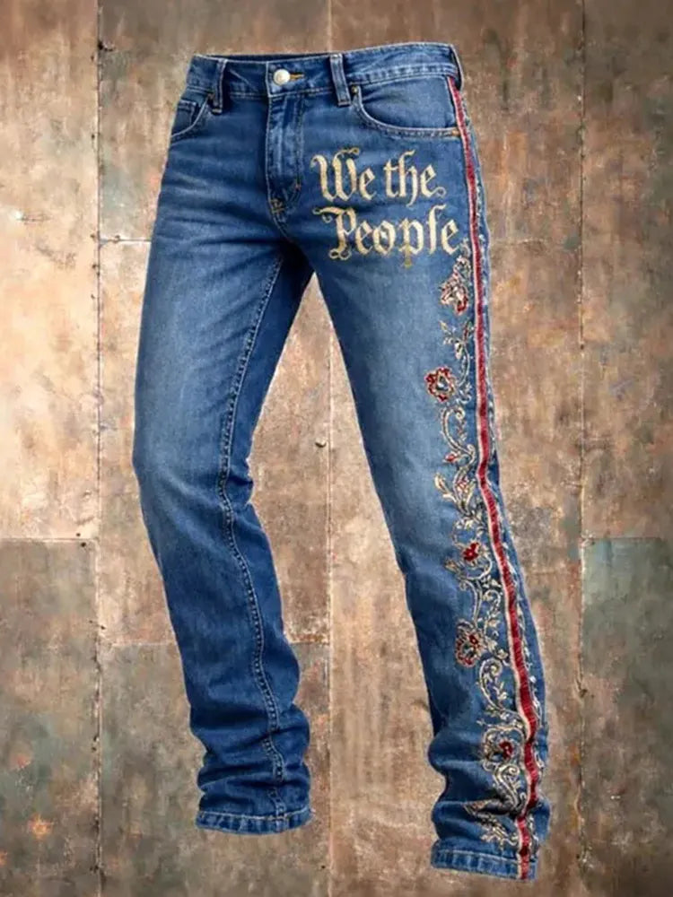 Cardydony Men's Retro American Independence Day Pattern Casual Jeans