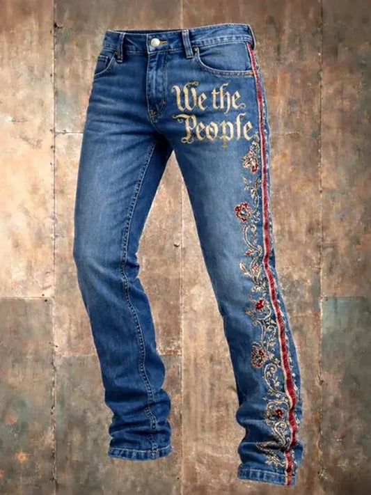 Cardydony Men's Retro American Independence Day Pattern Casual Jeans