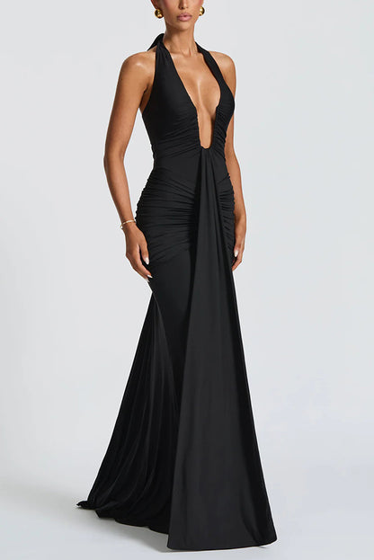 Cardydony Women's Solid Color Elegant Halterneck V-neck Open Back Tie Gathered Maxi Dress