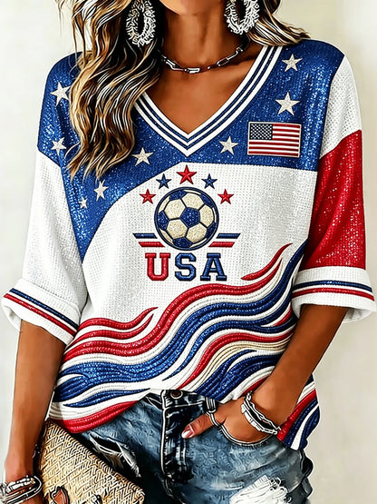 Cardydony Women's Soccer American Flag Color-blocked T-shirt