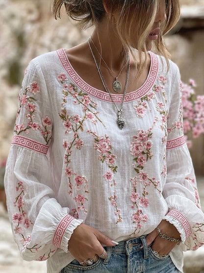 Cardydony Women's Japanese Flower Art Crew Neck Linen Blend T-shirt