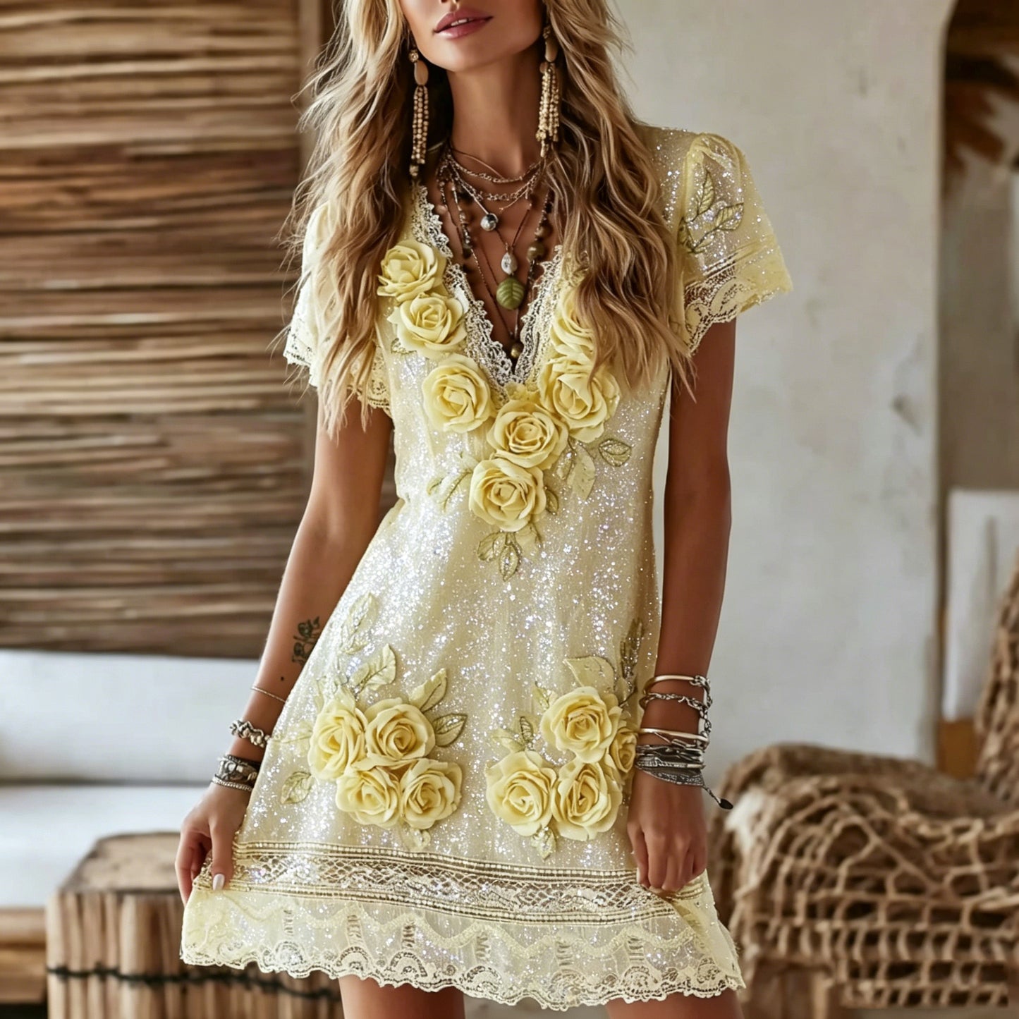 Cardydony Women's Vintage Rose Art Embroidered Linen Blend V Neck Casual Midi Dress