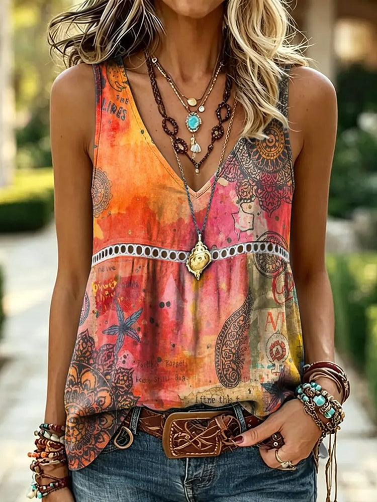 Cardydony Women's Vintage Boho Floral Art Linen Blend V-neck Tank Top