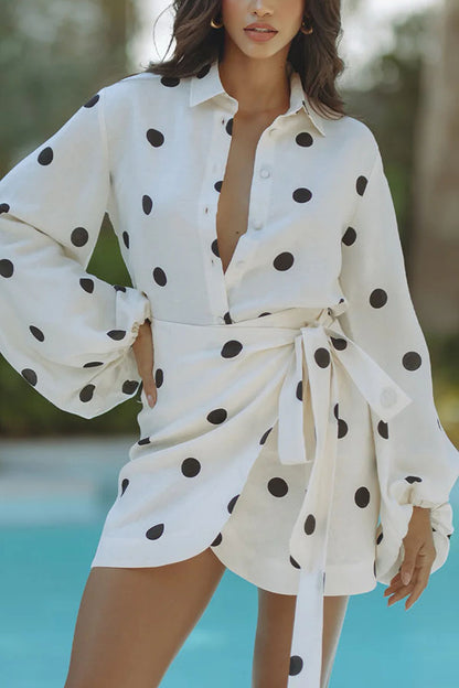 Cardydony Women's Effortlessly Linen Blend Polka Dot Balloon Sleeve Blouse and Wrap Tie-up Loose Mini Skirt Set
