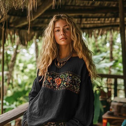 Cardydony Retro Bohemian Art Embroidery Print Cotton And Linen Blend Loose Blouse