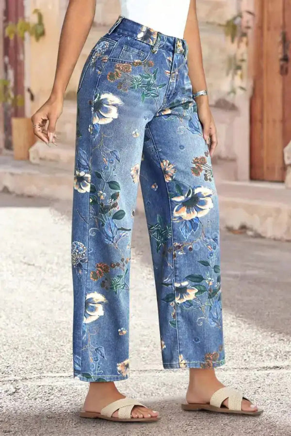 Cardydony Women's Floral Print Loose Pocket High-waisted Wide-leg Jeans