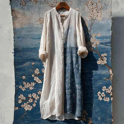 Cardydony Vintage Japanese Sashiko Patchwork Linen Maxi Shirt Dress