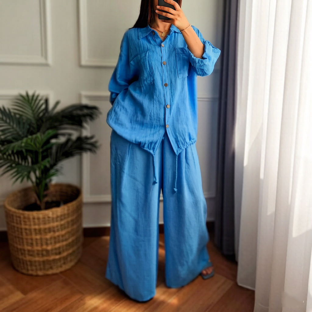 Cardydony Casual Loose Linen Solid Color Shirt Wide-leg Pants Two-piece Set