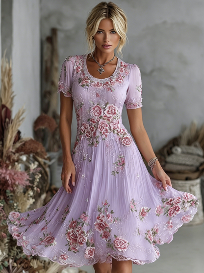 Cardydony Women's Vintage Floral Art Pattern Crew Neck Short Sleeve Linen Maxi Dress