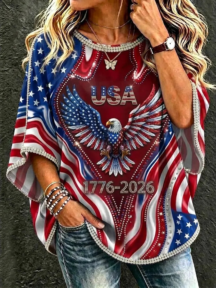 Cardydony Women's Retro Independence Day Pattern Casual Mid-sleeve Top