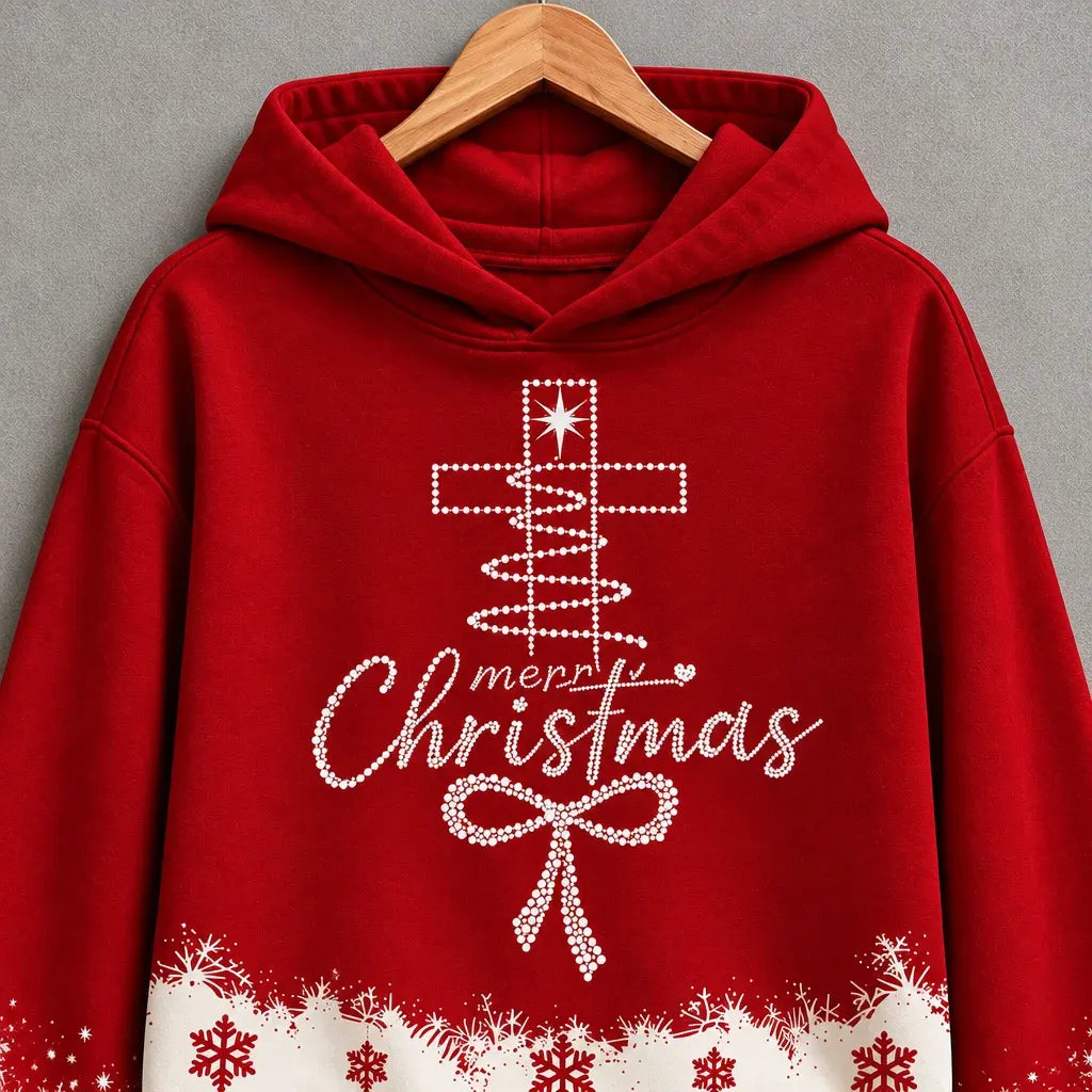 Cardydony Women's Faith Inspired Merry Christmas Cross Graphic Relaxed Fit Snowflake Hooded Hoodie