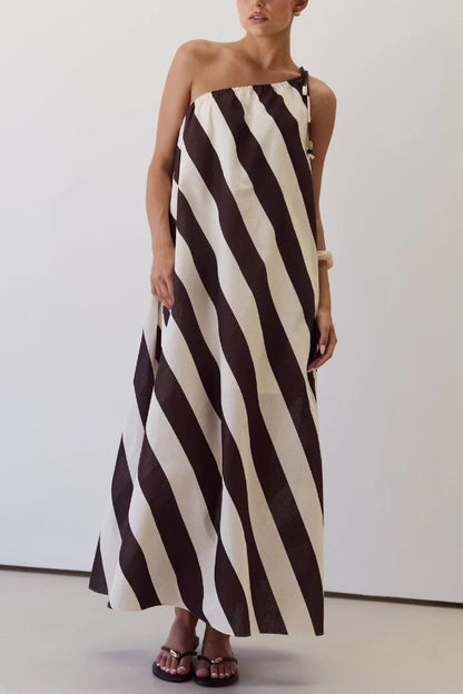 Cardydony Women's Fashionable Striped Print Loose One-shoulder Tie Vacation Maxi Dress