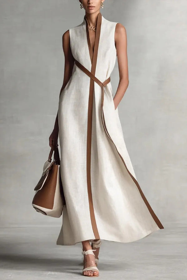 Cardydony Women's Linen Blend Color-blocked Edging V-neck Sleeveless Loose Maxi Dress