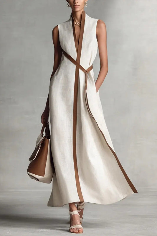 Cardydony Women's Linen Blend Color-blocked Edging V-neck Sleeveless Loose Maxi Dress