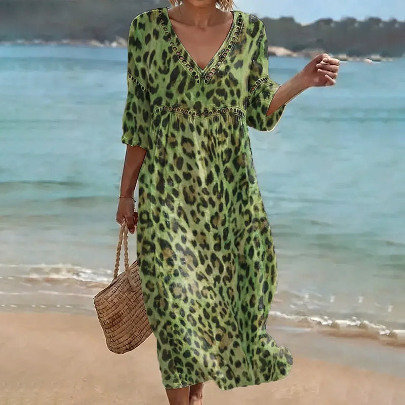 Cardydony Women's Leopard Art Pattern Linen Blend Loose Three-quarter Sleeve V Neck Dress