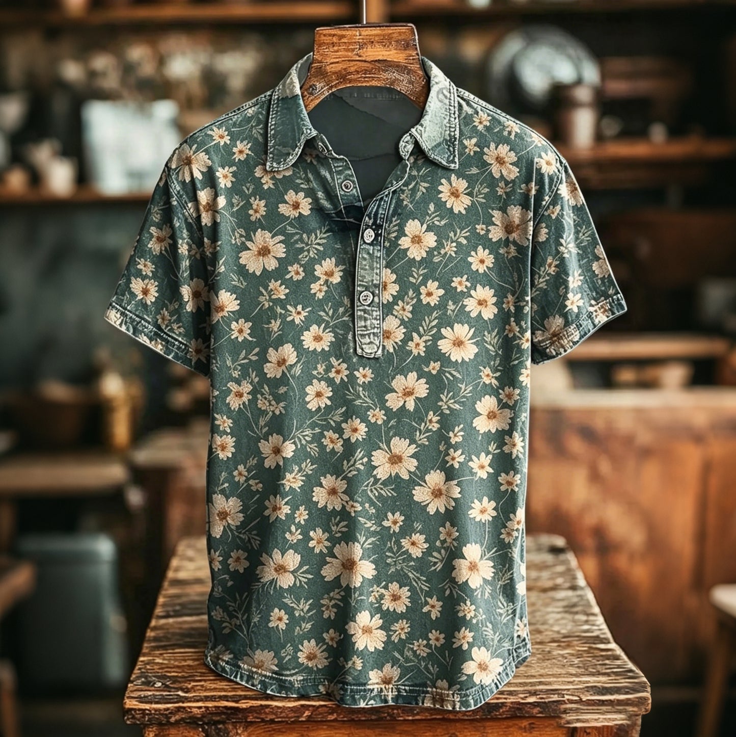 Cardydony Men's Retro Elegant Daisy Print Polo Shirt