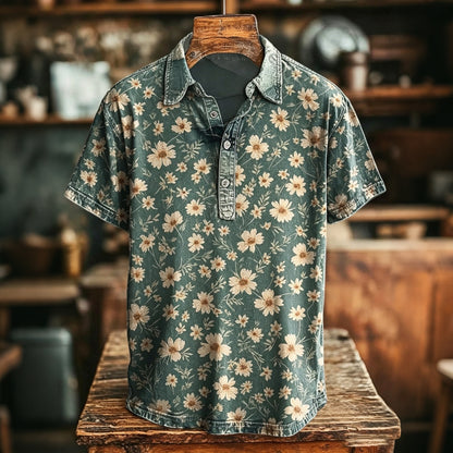 Cardydony Men's Retro Elegant Daisy Print Polo Shirt