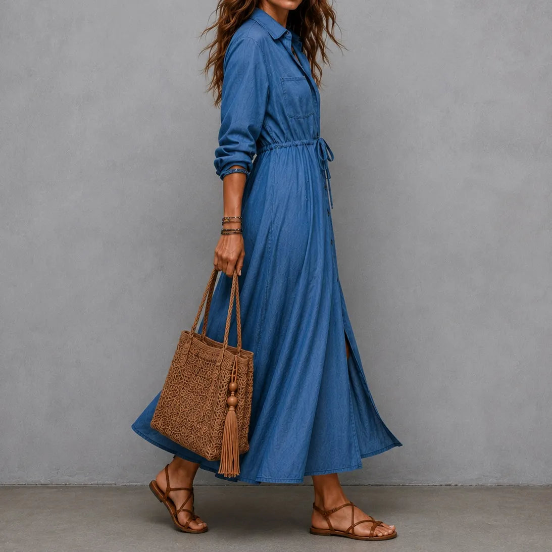 Cardydony Elegant Long-sleeved Drawstring Waist Shirt Dress Maxi Dress